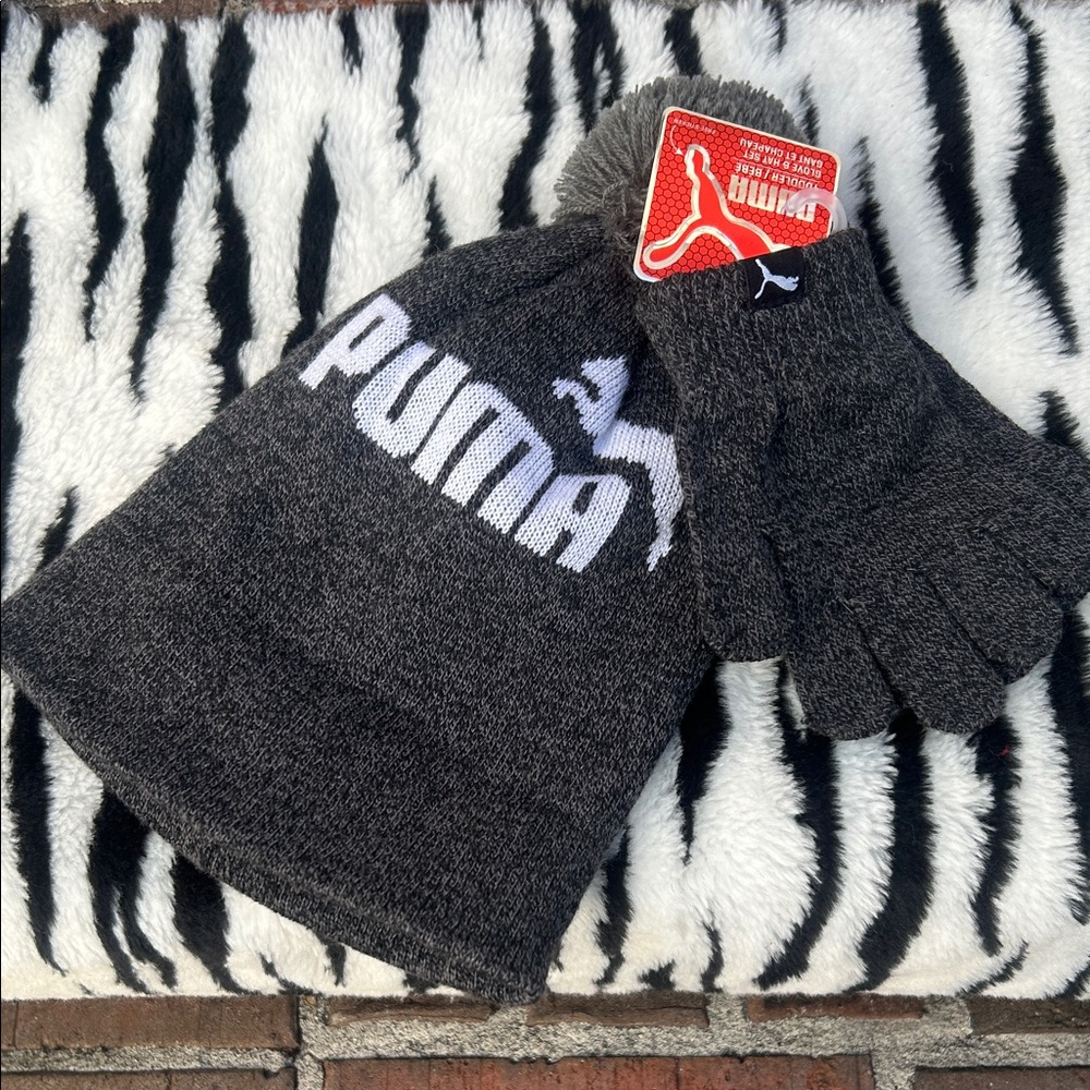 Toddler Puma Charcoal Knit Beanie and Gloves Set